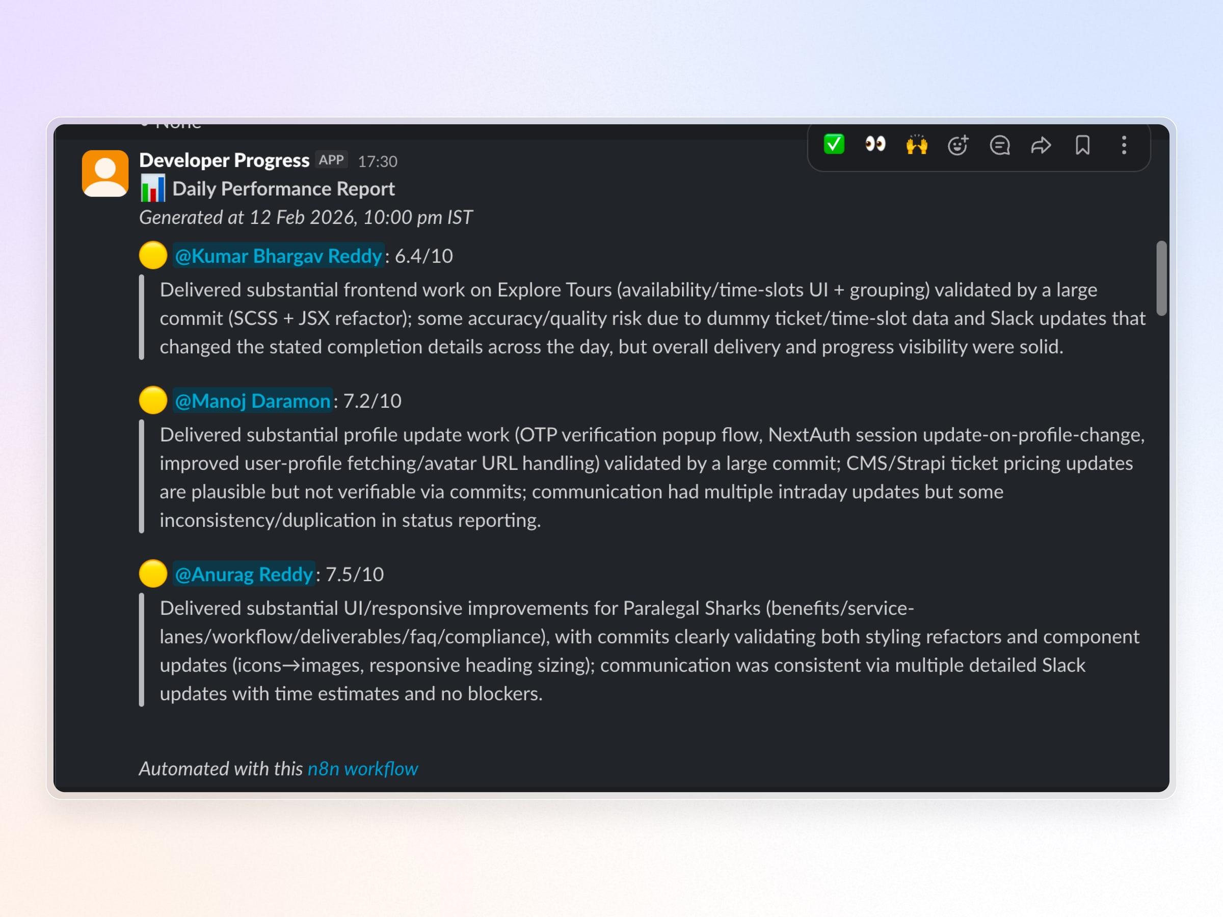 Slack message showing automated daily developer performance report with AI-generated scoring and reasoning.