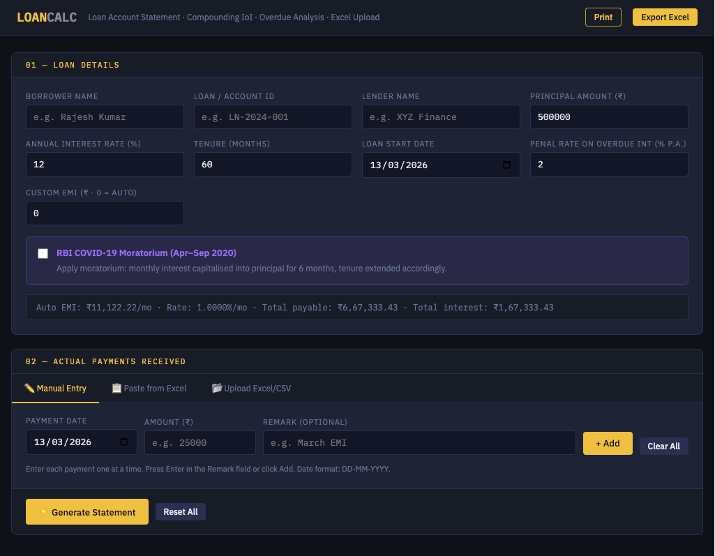 Client-designed loan EMI calculator interface before the full product workflow was implemented.