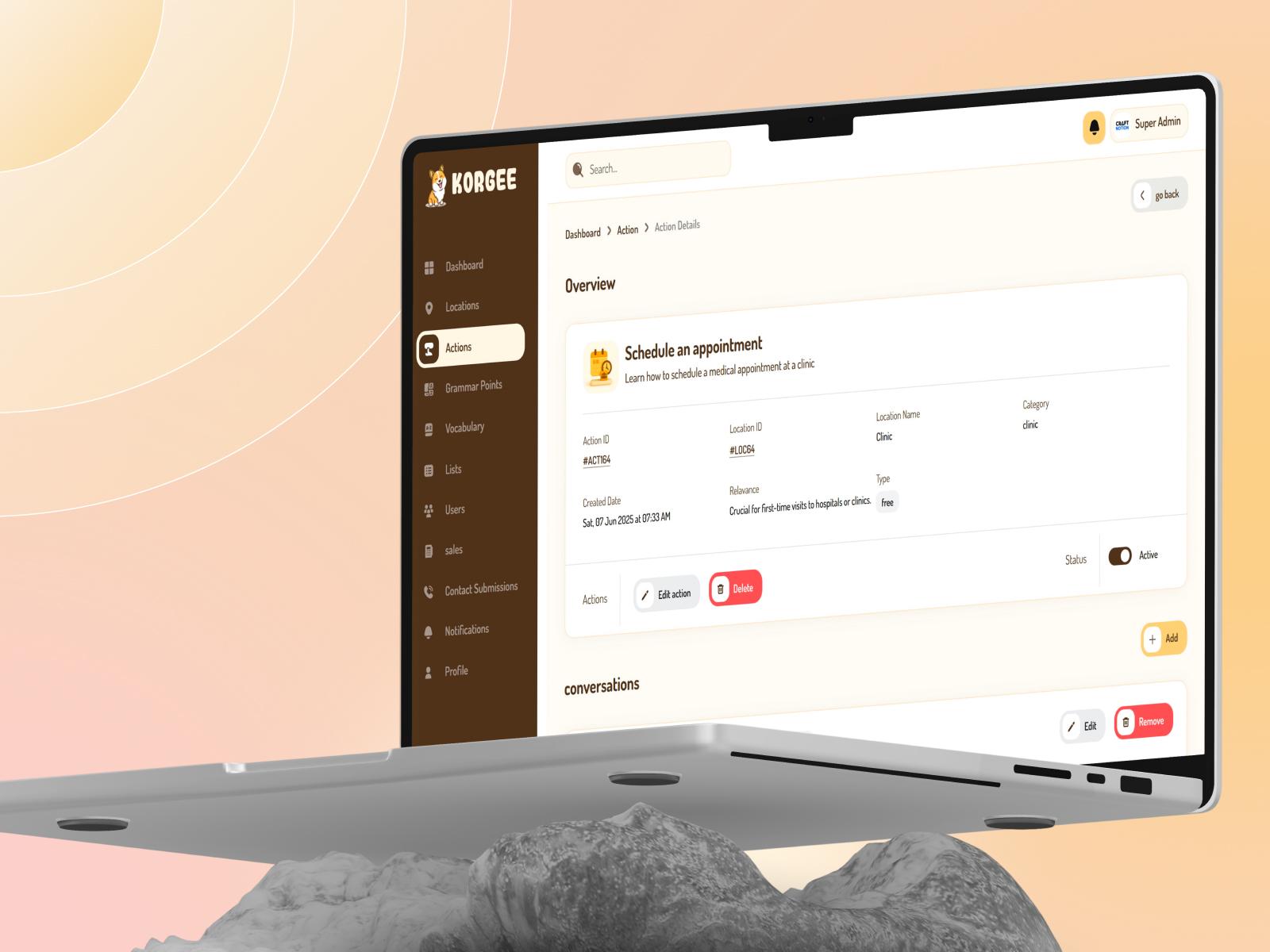 Korgee admin panel showing the location management interface with restaurants, airports, and other real-world settings