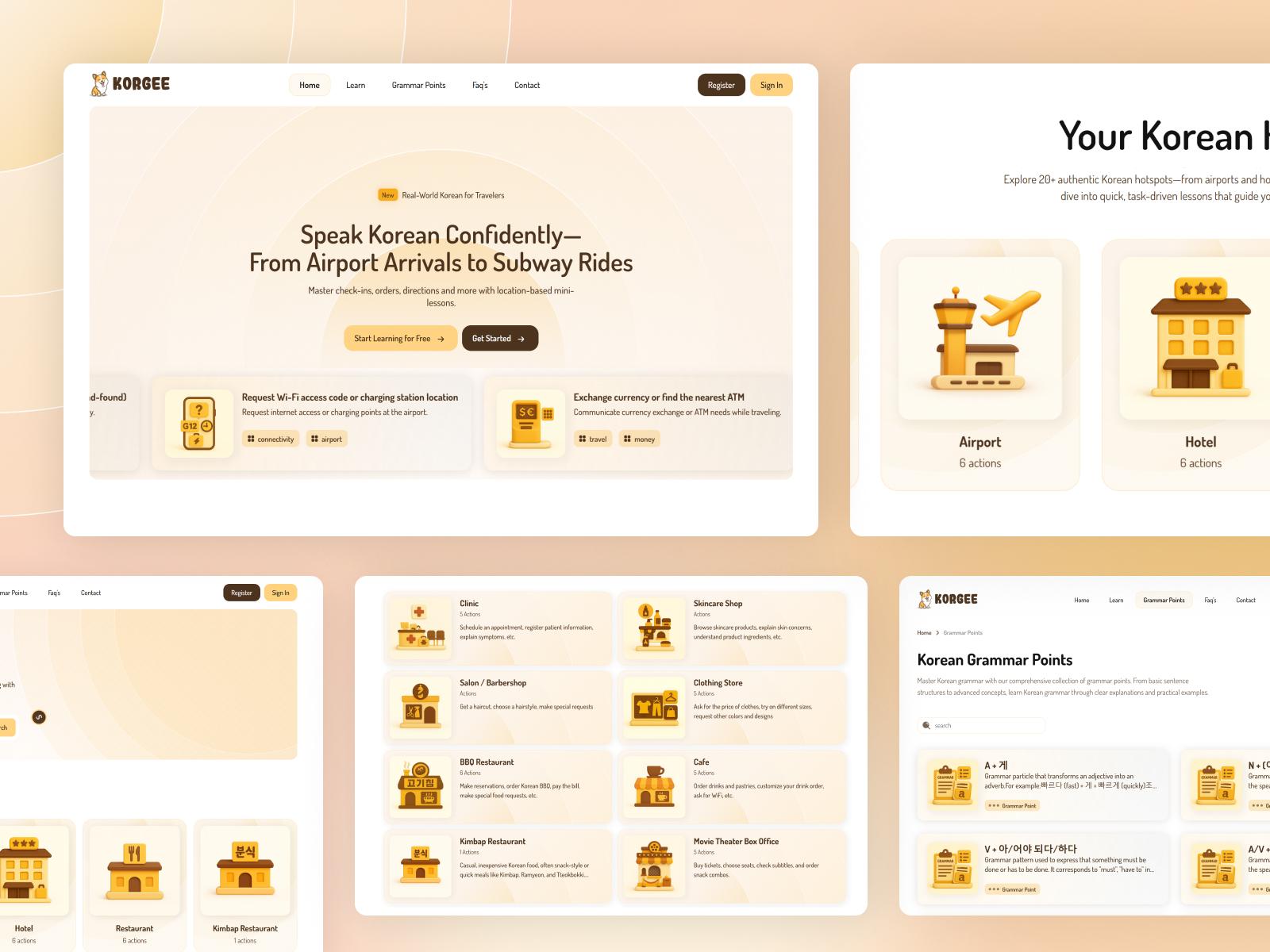 Korgee app screens showing multiple learning scenarios including café, airport, and convenience store settings