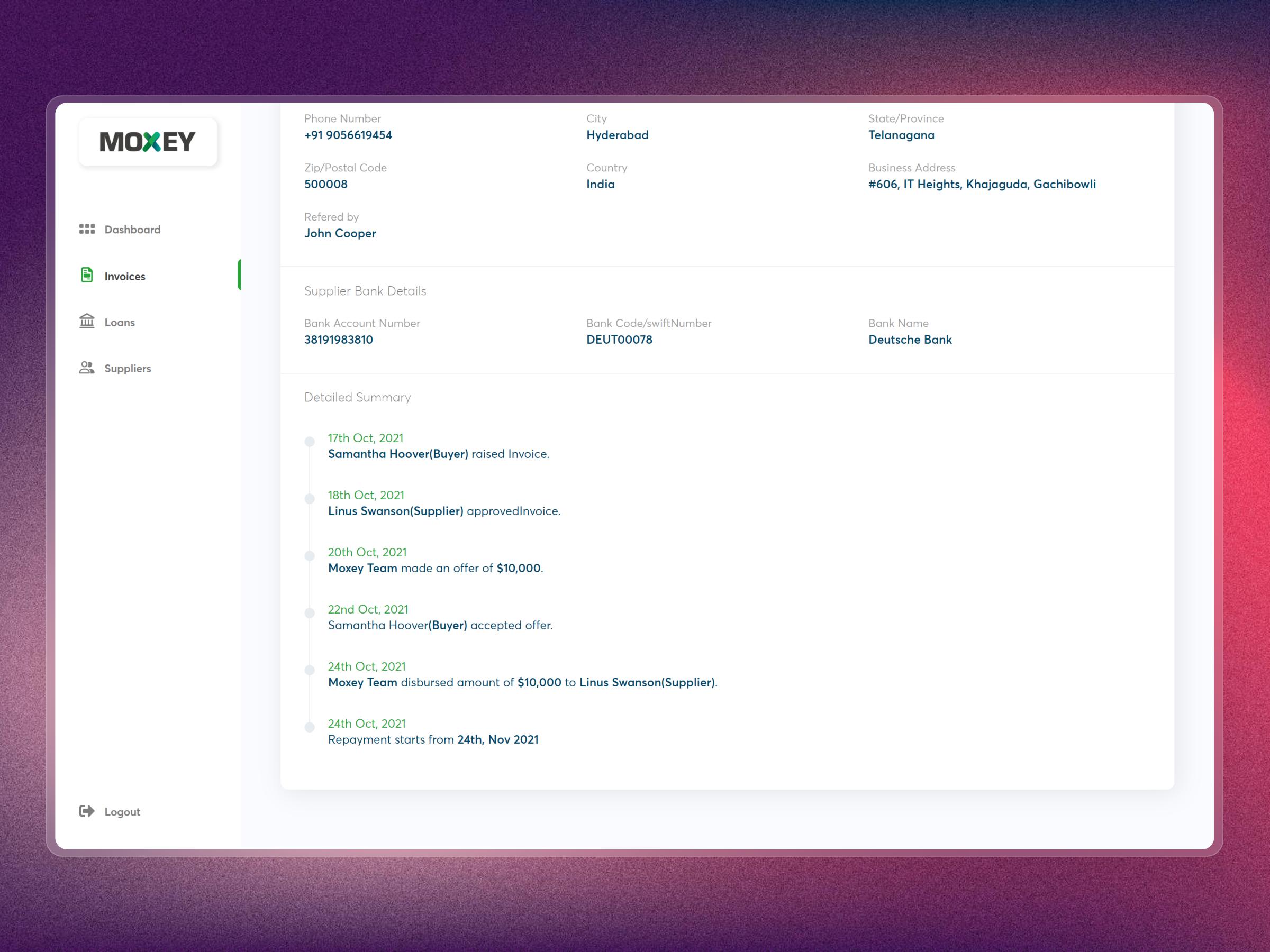 Moxey – Invoice Discounting Platform for Fintech SaaS